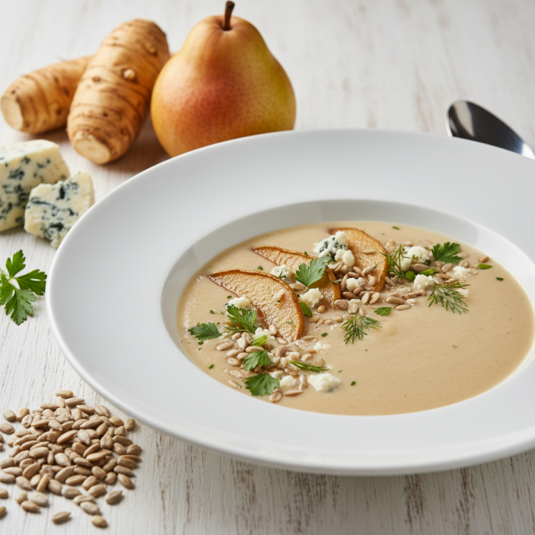 Потрясающий суп-пюре из топинамбура и груши с голубым сыром