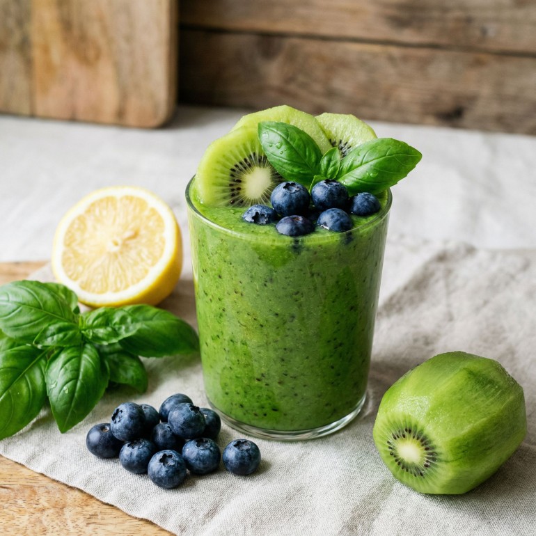 Экзотический смузи «Зелёная свежесть с киви, голубикой и базиликом»