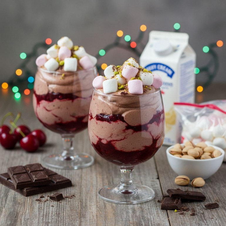 Великолепный праздничный шоколадно-вишнёвый смузи-мусс с маршмеллоу и фисташками