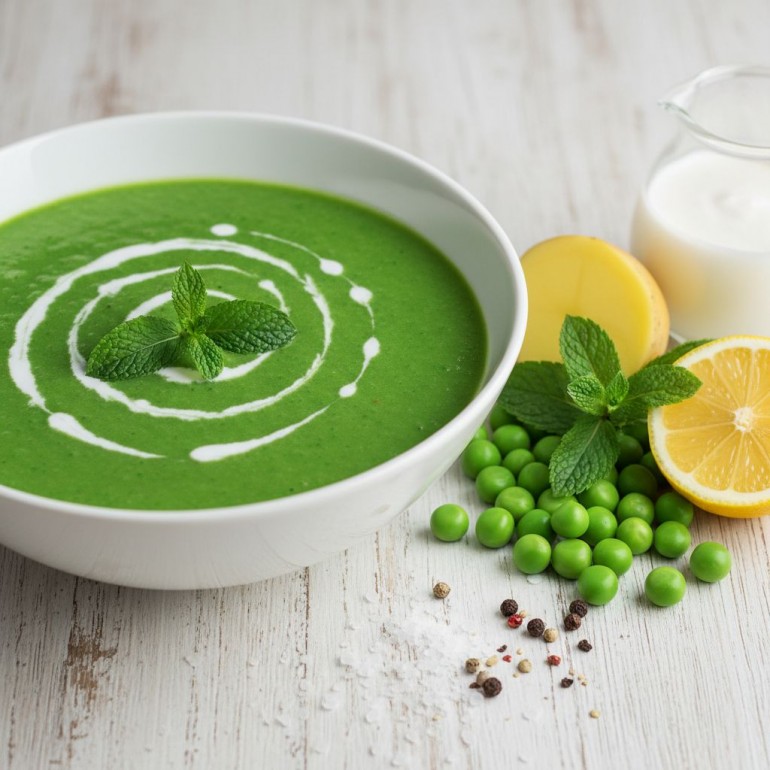 Потрясающе кремовый суп-пюре «Зелёный горох с кокосом и мятой»