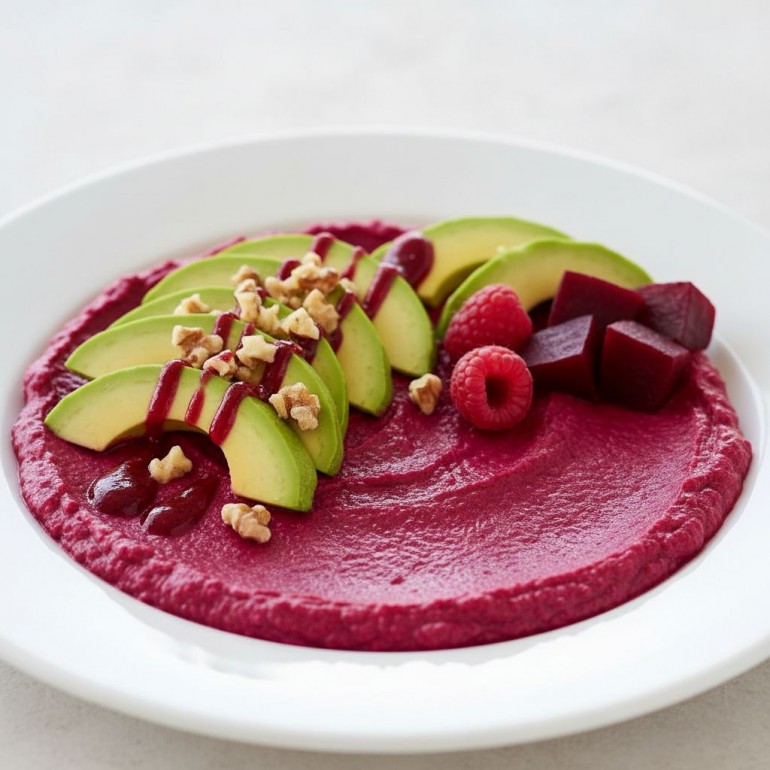 Фантастический салат-пюре «Свёкла, Авокадо & Малина с ореховым шиком»
