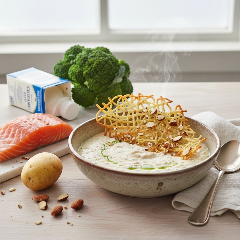 Великолепное нежное мусс-пюре из лосося и брокколи с картофельной корочкой и миндалём