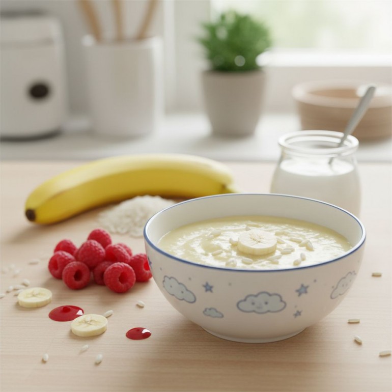Шелковистый бананово-рисовый крем-пюре с малиной